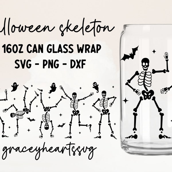 dancing skeleton glass can wrap svg, 16oz beer can glass svg, halloween libbey glass wrap, spooky season svg, spooky can glass svg, skeleton