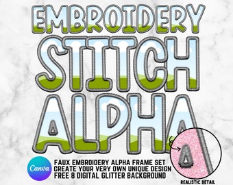 Faux embroidery alpha png, applique embroidery canva frame, digital stitch alpha png, embroidery blank letter, diy alphabets frame, template