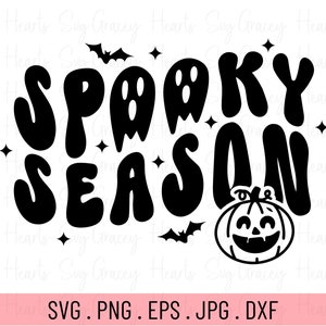 May include: Black and white graphic design with the text "Spooky Season" in a retro font. A ghost and a smiling pumpkin are included in the design.