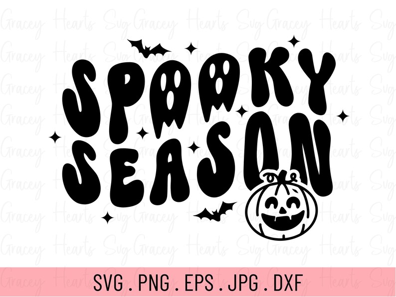 May include: Black and white graphic design with the text "Spooky Season" in a retro font. A ghost and a smiling pumpkin are included in the design.