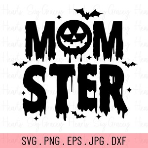 Op de afbeelding: Zwart-wit grafisch ontwerp van de tekst "MOMSTER" met een druppelend effect. De "O" in "MOM" is een pompoengezicht. Er zijn kleine vleermuizen rond de tekst.