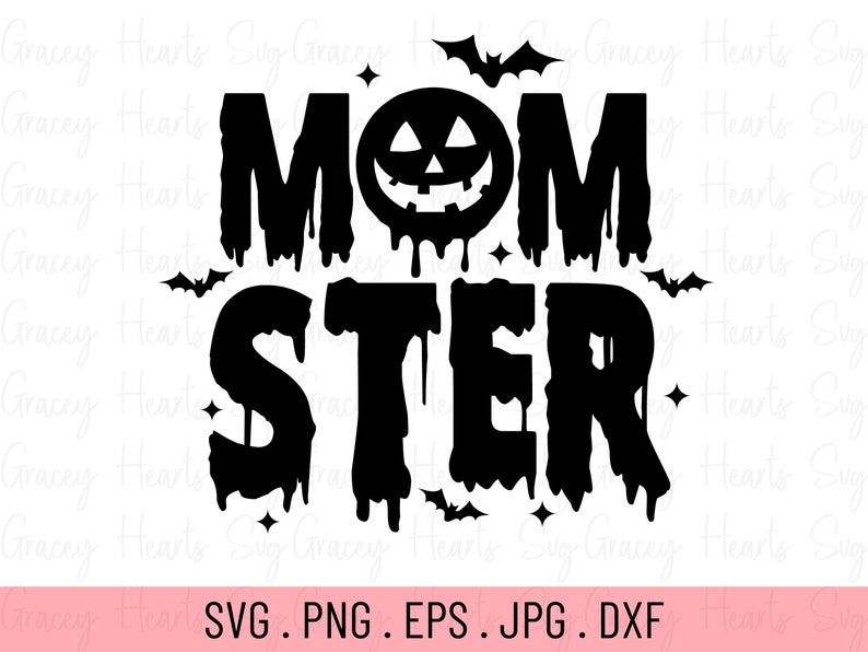 Op de afbeelding: Zwart-wit grafisch ontwerp van de tekst "MOMSTER" met een druppelend effect. De "O" in "MOM" is een pompoengezicht. Er zijn kleine vleermuizen rond de tekst.