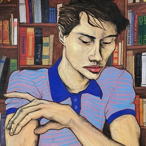 Ritratto artistico di giovane ragazzo su carta. Collezione di ritratti a colori. Arte decorativa figurativa originale fatta a mano con mix di tecniche artistiche - Ragazzo che legge un libro