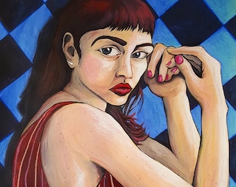 Peinture originale de portrait de jeune fille : Art expressionniste pour adolescents, toile de fond bleue