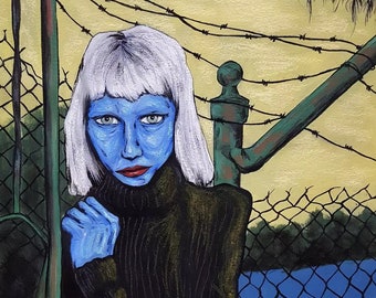 May include: A painting of a woman with white hair and blue skin standing in front of a chain link fence. The woman is wearing a black turtleneck sweater and has her hands clasped in front of her. The background is a yellow and green landscape.