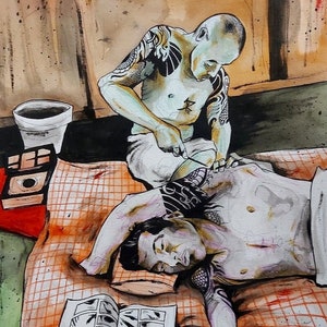 Japanese tattoo figurative drawing on paper. Original art for home decor. Painting expressionist illustration - Traditional japanese tattoo
