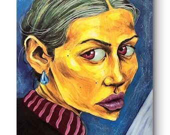 Original Female Face Portrait Painting: Expressionist Mix Media Art