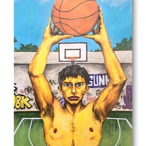 Dipinto originale, tecnica mista, acrilico. Ritratto maschile di giocatore di basket. Dipinto di basket, ritratto artistico, decorazione da parete per la casa.