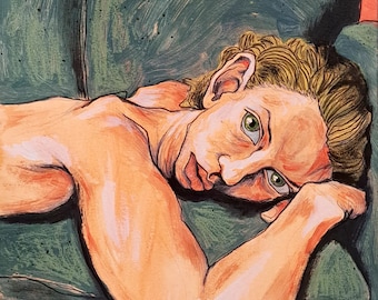 May include: A person with blonde hair lies on a dark green couch with their arm resting on the couch. The person's face is visible, with one eye open and looking directly at the viewer.