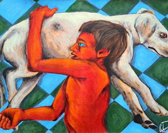 Handmade Dog and Boy Painting: Expressionist Mix Media Art