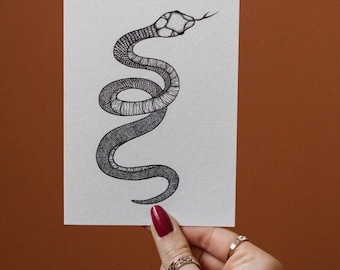 Snake | Reptile | Black | A6 | Greetings card | Handmade | Illustration | Print | Gifts | Kraft | illustrated card | Witch | Ink drawing