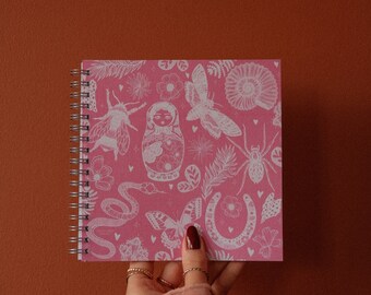 Handmade Notebook | Pink & White | Journal | Planner | Notepad | Stationery | Pattern | Wellness | Nature | Wildlife | Boho | Insects