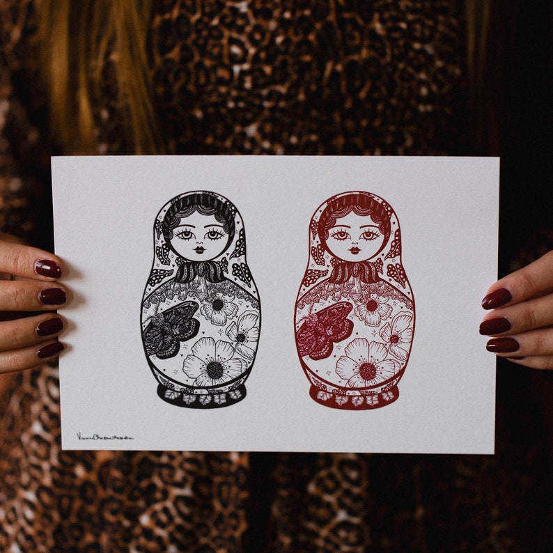 Russian Doll Illustration A5 Art Print Handmade Hand drawn Ink Moths Wall hanging Home decor Gifts Tattoo floral image 3