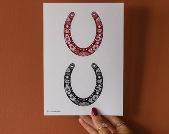 Botanical Horseshoe | Black and Red | A5 | Art Print | Handmade | Hand drawn | Ink | Wall hanging | Home decor | Gifts | Horse | Drawing