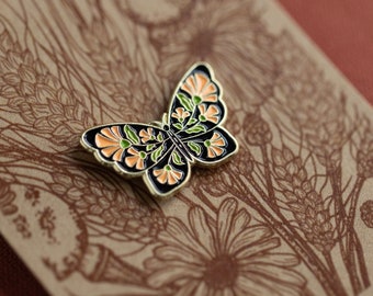 Moth Enamel Pin | Metal Lapel Badge | Orange Flowers | Floral | Insects | Handmade Jewellery | DIY Bag Accessories | Cute Gift Ideas
