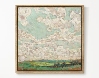 SouthandArt Vintage Landscape Wall Art Print, Cloudy Sky and Field Framed Large Gallery Art, Minimalist Art Ready to Hang (with hanging kit)