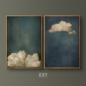 SouthandArt Vintage 2 Panel Moody Clouds Wall Art Print, Cloudy Sky Framed Large Gallery Art, Minimalist Art Ready to Hang