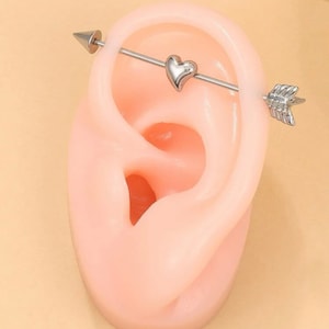 14Gauge Arrow Through Heart Industrial Barbell | Triangle Arrow Point & Nock End Small Silver Heart In Center