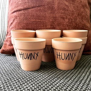 May include: A collection of six small, terracotta-colored flower pots. Each pot has the word "HUNNY" in black script. The pots are arranged in a group, with a blurred background of a pillow and patterned fabric.