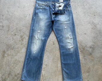Vintage G-Star 3301 knoopgulp vervaagde denim distressed jeansbroek (b 35 x 30)