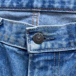 May include: Close-up of a pair of blue denim jeans. The image highlights the button closure, featuring a metal button with the text "NIMDEO CO." The jeans show signs of wear and tear, with visible stitching and a faded appearance.