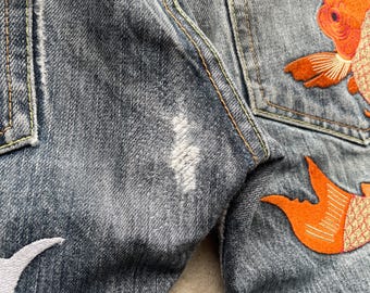 W33x29.5 Vintage Evisu Japan Denim Embroidery Koi Fish Faded Jeans