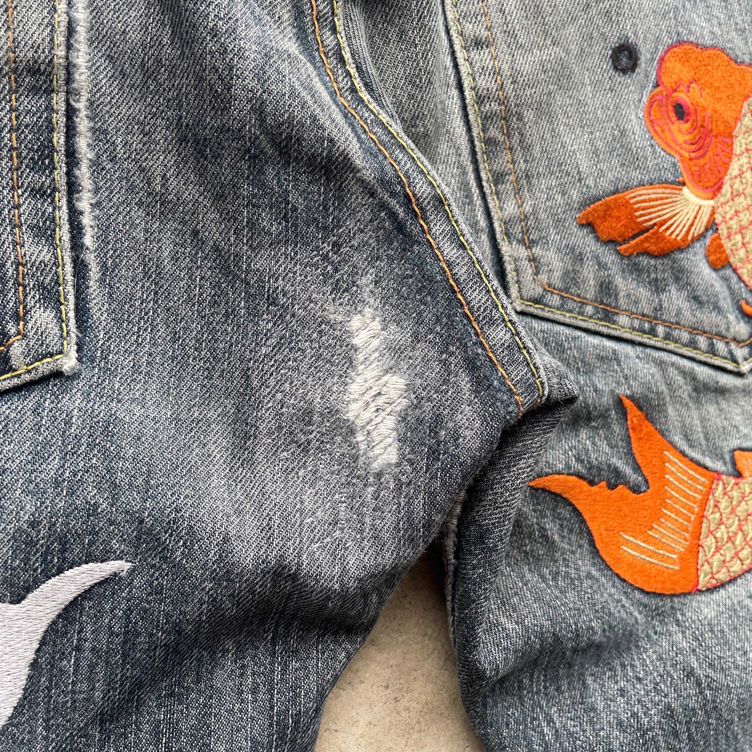 W33x29.5 Vintage Evisu Japan Denim Embroidery Koi Fish Faded Jeans 
