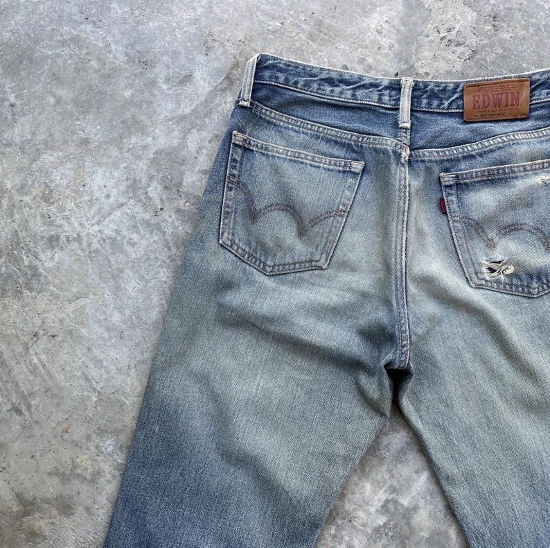 Vintage Edwin Japan Denim Distressed Jeans Rivna Byxor Slitna W29x31 bild 11