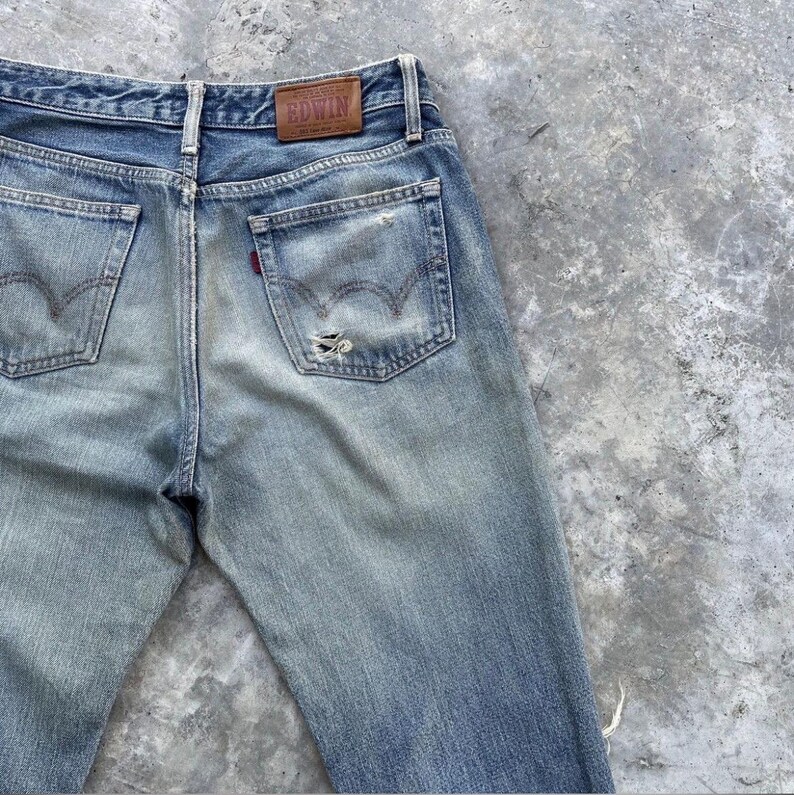Vintage Edwin Japan Denim Distressed Jeans Rivna Byxor Slitna W29x31 bild 10