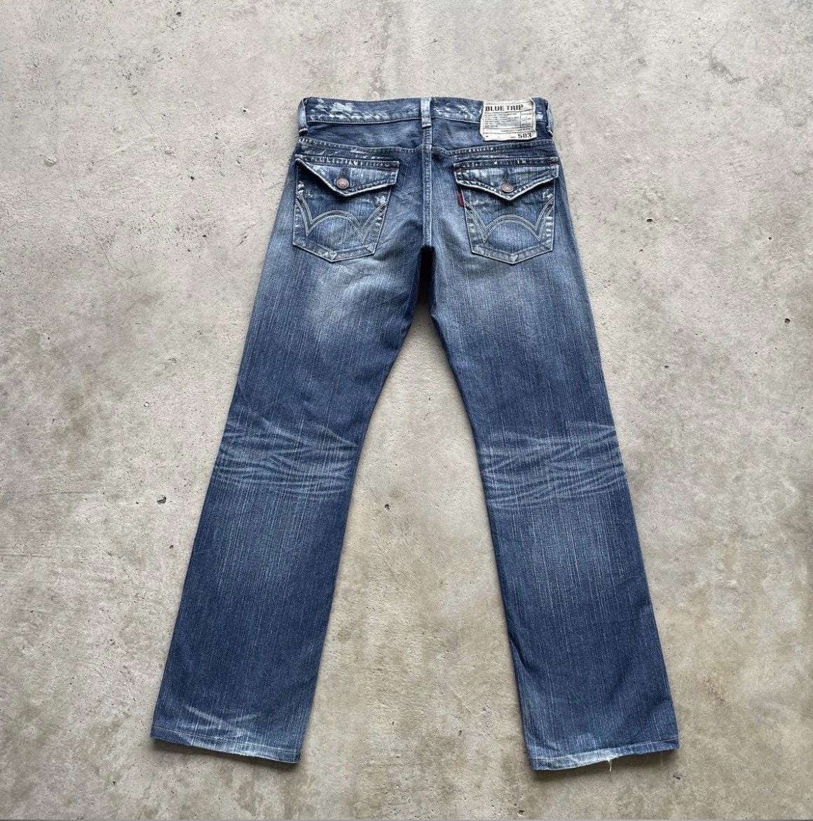 Vintage Edwin 503 Blue Trip Ripped Jeans, Edwin 503 Distressed