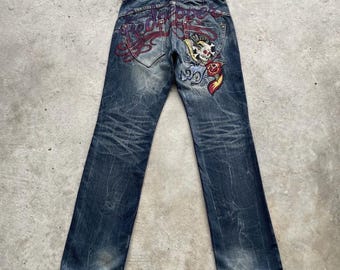 Spodnie jeansowe Vintage Red Pepper Denim z haftowaną czaszką i rdzawym wzorem, rzadkie, szerokość 31x34
