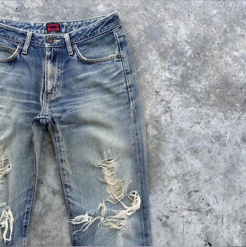 Vintage Edwin Japan Denim Distressed Jeans Rivna Byxor Slitna W29x31 bild 2