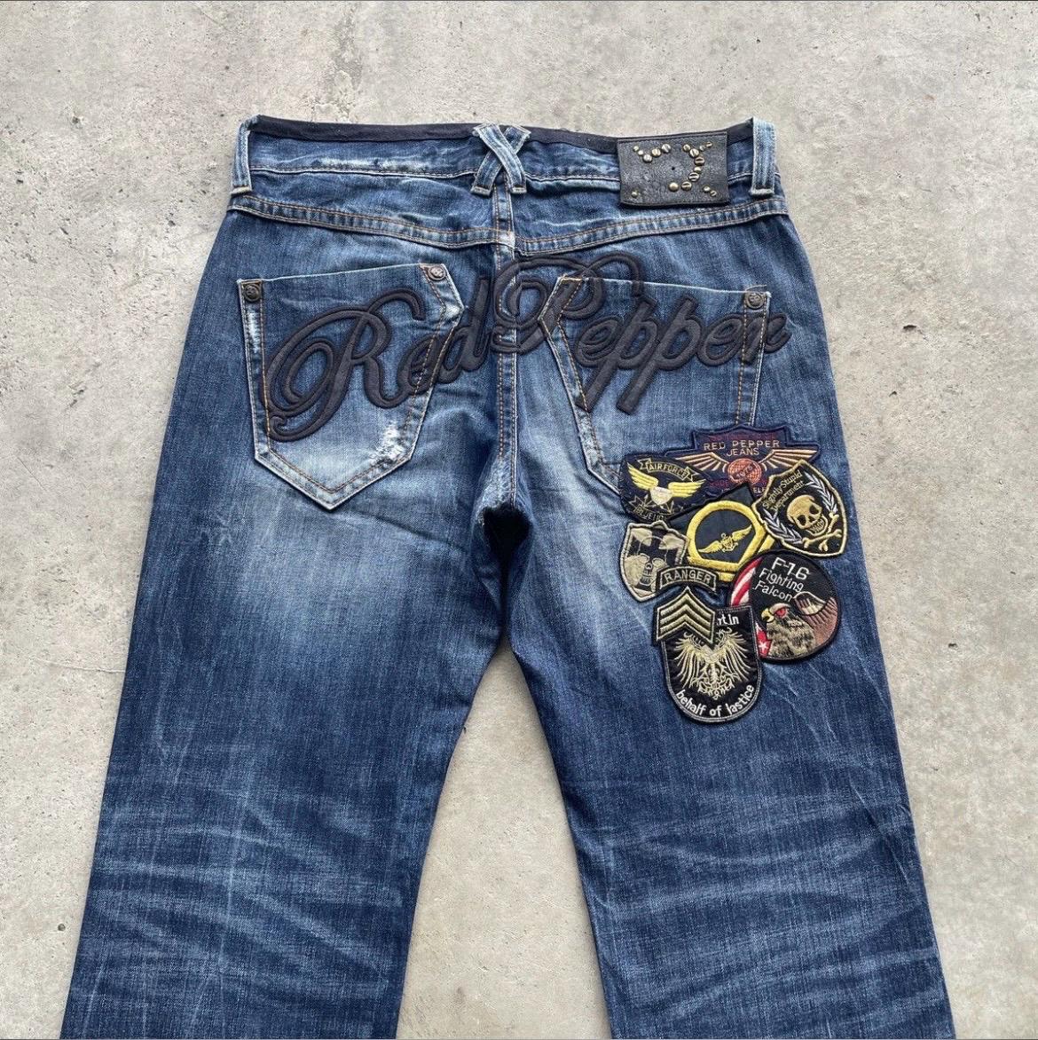 Vintage Japan Red Pepper Patch Faded Jeans Embroidery Denim Pants