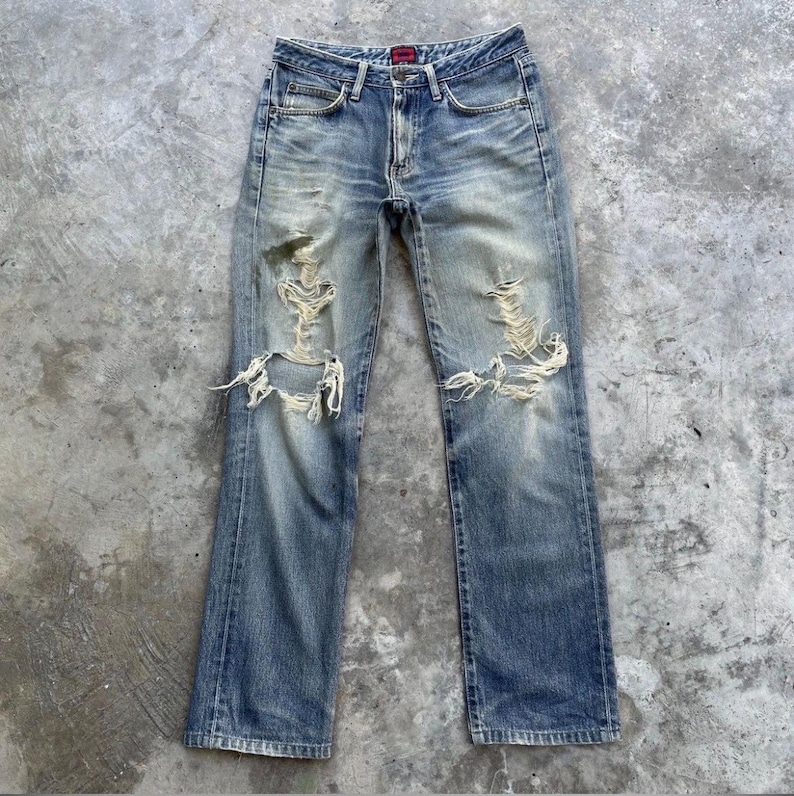 Vintage Edwin Japan Denim Distressed Jeans Rivna Byxor Slitna W29x31 bild 1