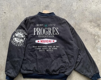 Kurtka bomberka w stylu vintage z japońskim czarnym logo, rzadki rozmiar XL