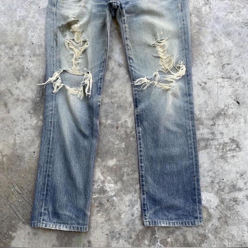 Vintage Edwin Japan Denim Distressed Jeans Rivna Byxor Slitna W29x31 bild 4