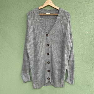 May include: A gray, ribbed-knit cardigan with a V-neck and button closure. The long-sleeved sweater is displayed on a wooden hanger against a green background. The buttons are a dark brown color.