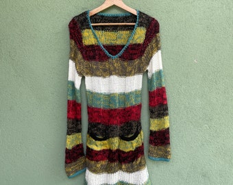Japanese Vintage Multicolor long Knitwear Sweater Jumper Japanese Vintage Pullover Striped Color Knitwear Size XXS