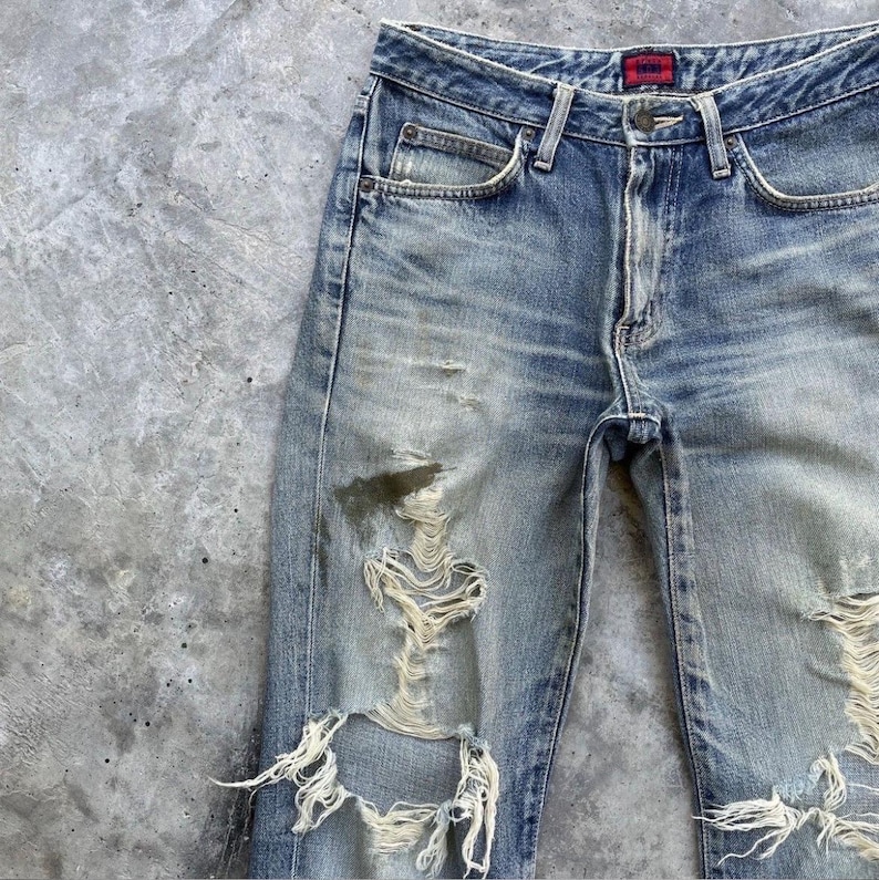 Vintage Edwin Japan Denim Distressed Jeans Rivna Byxor Slitna W29x31 bild 3