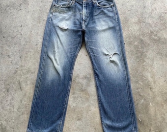 Pantalones vaqueros vintage Edwin 505zx con etiqueta naranja, de mezclilla desteñida y desgastada (W33x30.5)