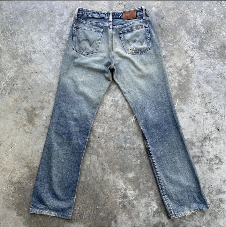 Vintage Edwin Japan Denim Distressed Jeans Rivna Byxor Slitna W29x31 bild 13
