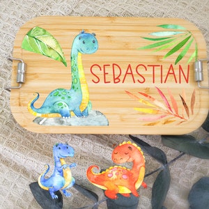 lancheira personalizada em aço inox opt. com separação, motivo de dinossauro