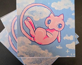 Póster de Mew, Nubes de Pokémon, letra pequeña, 10 x 10 cm