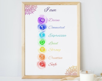 Chakra Wandbehang | Mandala Affirmationen | Yoga Geschenk | Digitaler Download Druck | Spirituelle Wanddekoration