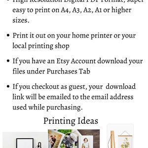 May include: Three different ways to display a printable digital download: a framed print, a canvas print, and a print hanging on a hanger. The text "Printing Ideas" is at the top of the image.