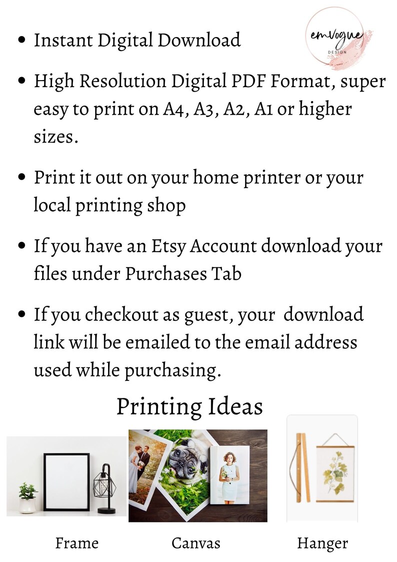 May include: Three different ways to display a printable digital download: a framed print, a canvas print, and a print hanging on a hanger. The text "Printing Ideas" is at the top of the image.