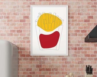 Dibujo lineal de papas fritas a color / Dibujo lineal / Impresión minimalista para cocina / Póster imprimible de comida rápida / Arte mural