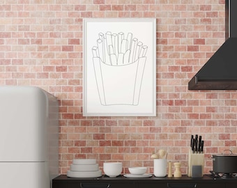 Arte de una línea de papas fritas / Póster, Impresión, Dibujo simple, Arte mural para cocina, Comida rápida / Obra de arte digital imprimible de descarga instantánea
