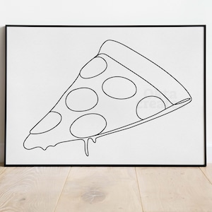 Könnte beinhalten: Eine Schwarzweiß-Linienzeichnung einer Pizzastückes mit Pepperoni. Die Pizza ist in einem einfachen, minimalistischen Stil gezeichnet.