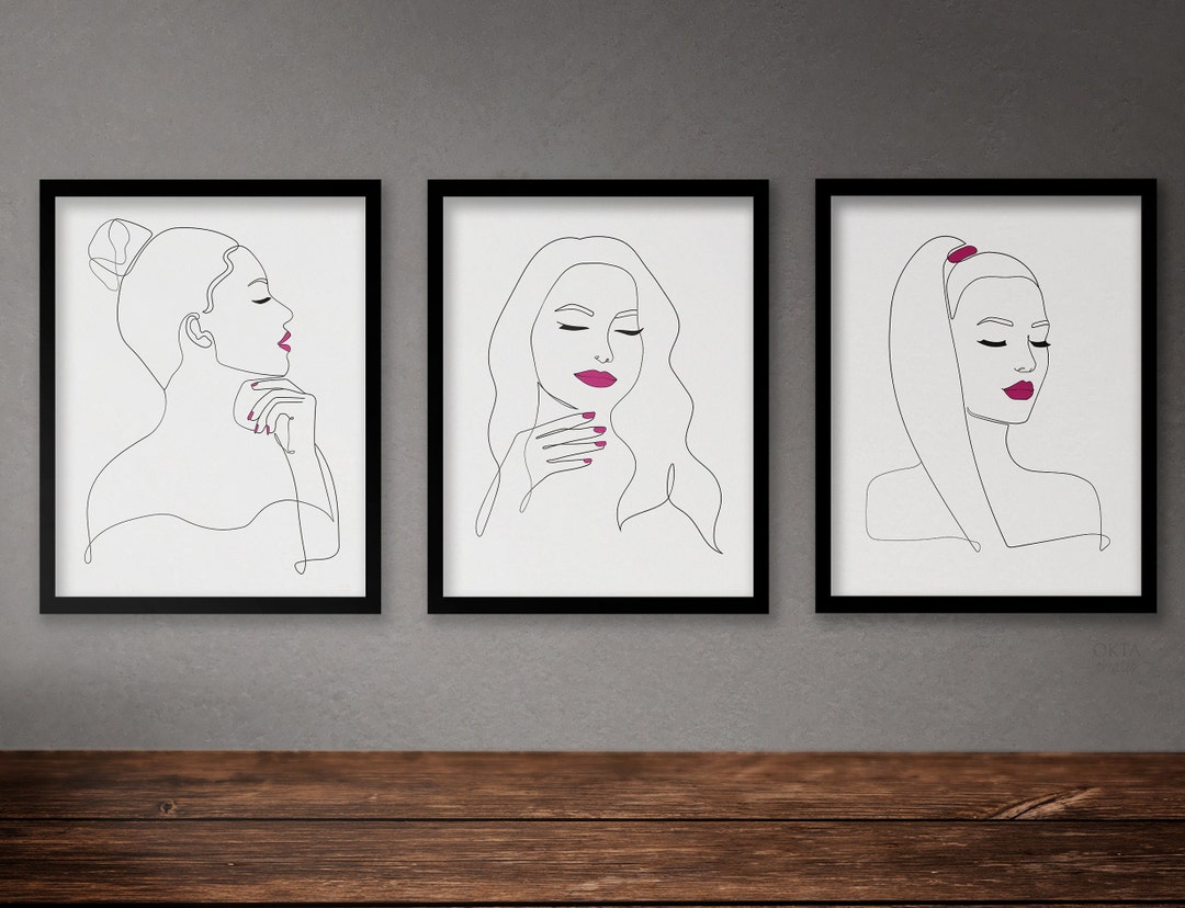 Set of 3 Digital Line Art Prints, 3-piece Minimalist Woman Wall Art ...